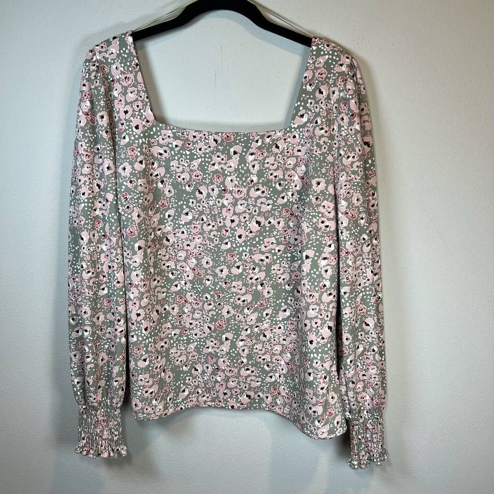 Melloday Ditsy Floral Square Neck Blouse Shirt Green Pink Cottagecore Office  XL